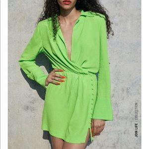Zara. NWT Lime Mini Shoulder Pad Shirt Dress.